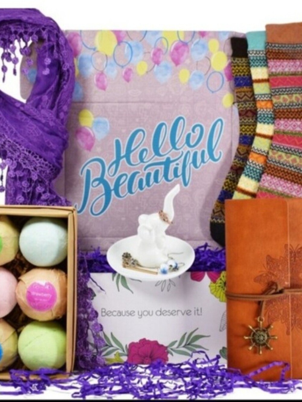 Spa Box : 6 Big Bath Bombs,Elephant Ring Holder, Scarf, 3 Socks & Journal - Picture 3 of 4